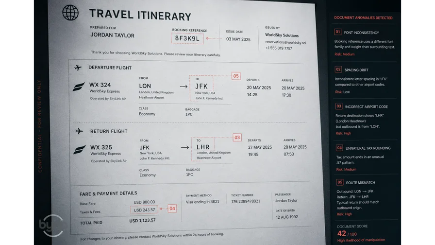 Close-up of a travel itinerary showing visual and data inconsistencies.